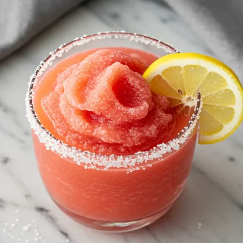 Close-up top-down view of the finished Frozen Strawberry Lemon Drop in a sugar-rimmed cocktail glass with subtle wear, garnished with a lemon wedge, looking frosty, vibrant pink, and home-prepared.