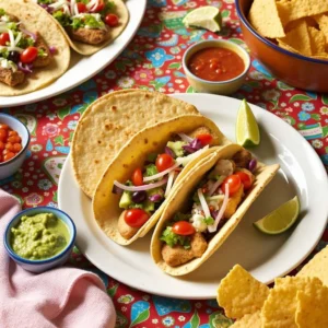 Colorful taco platter showcasing vegetarian, vegan, and gluten-free soft tacos, served with guacamole, salsa, and chips on a festive table.