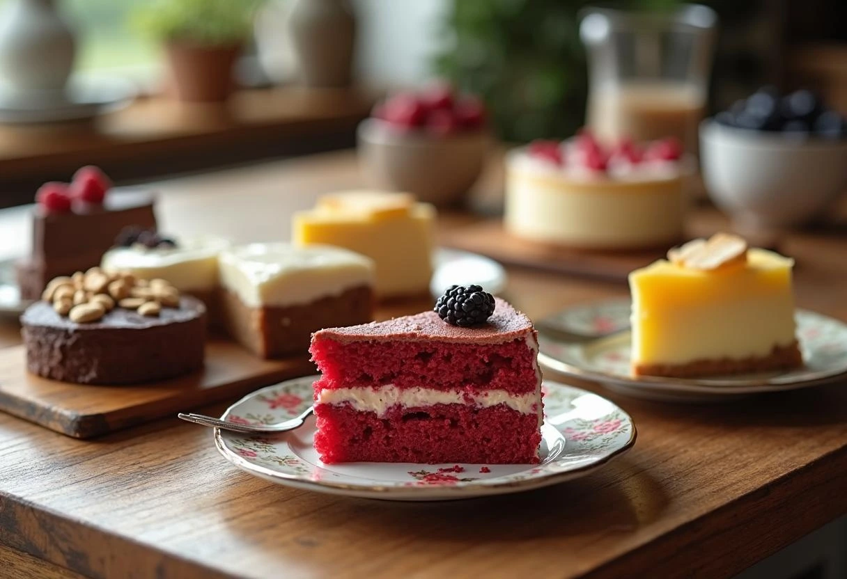 A variety of delicious cakes including chocolate cake, red velvet, cheesecake, and kvæfjordkake.