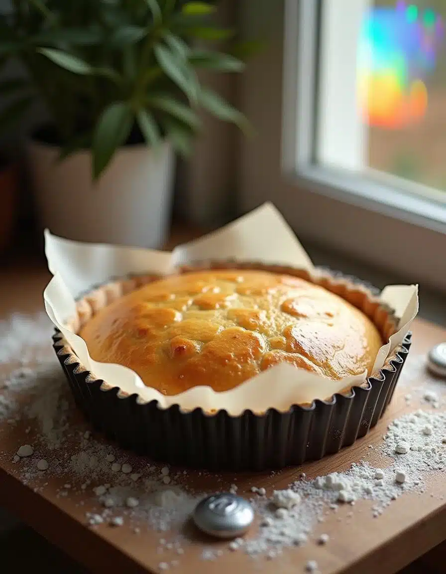 Fully baked puff pastry tart shell cooling on a wire rack with fresh fruit and whipped cream nearby.