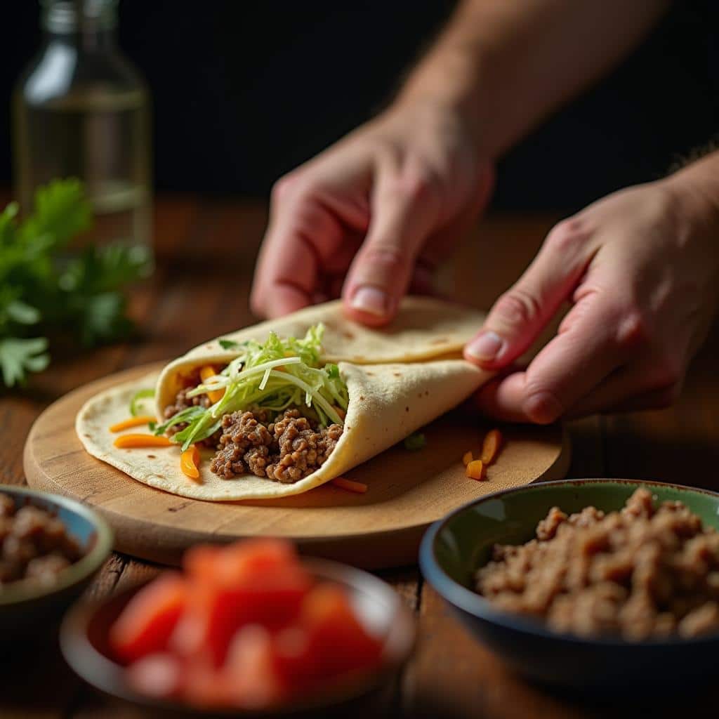 Hands assembling a soft taco with layers of protein, vegetables, cheese, and salsa.