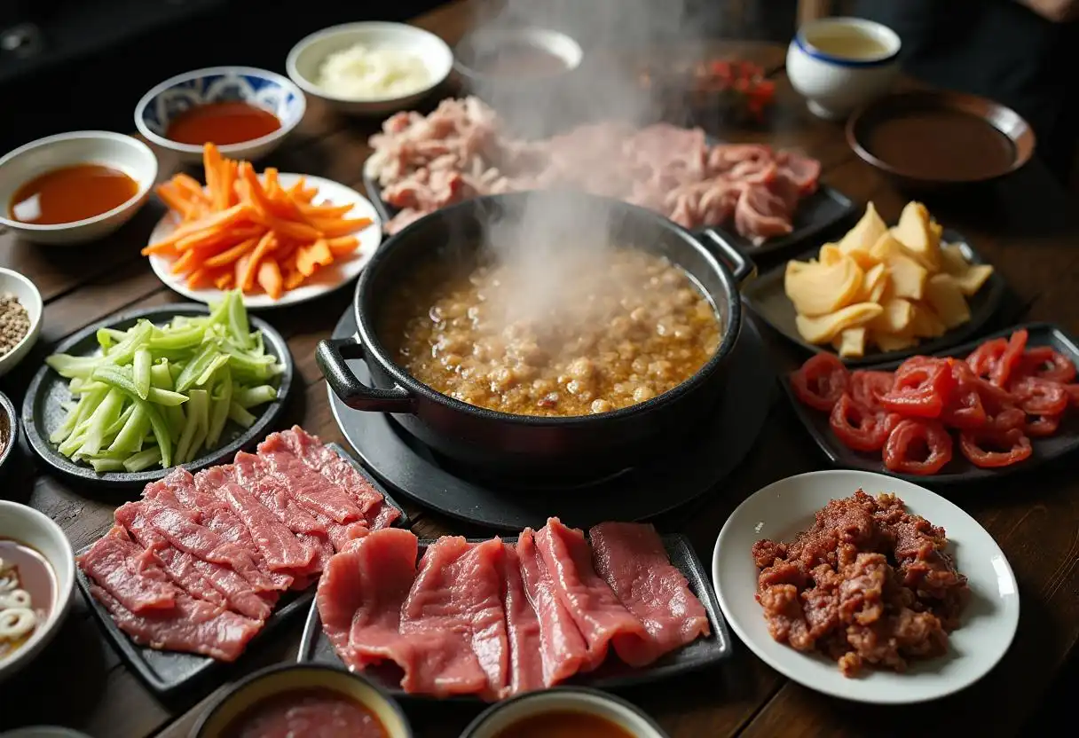 A vibrant hotpot meal with various meats and vegetables ready to cook