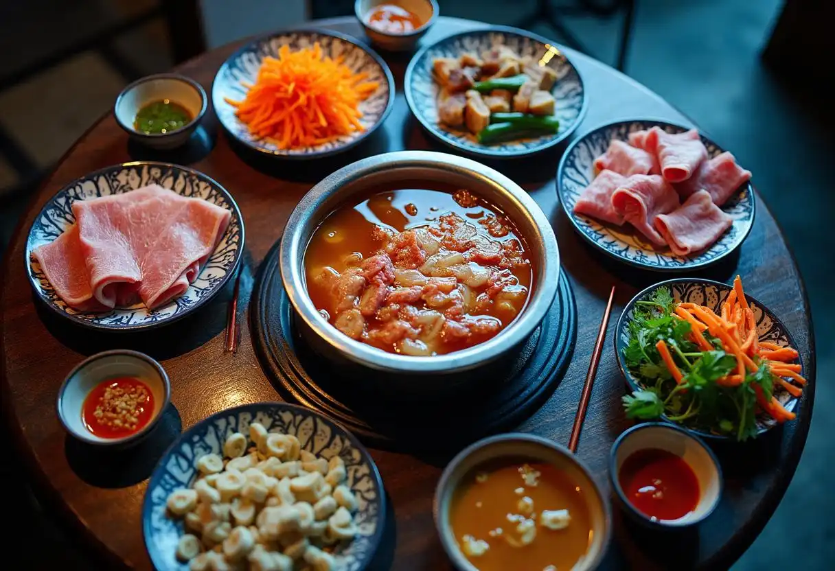 A vibrant hotpot meal with various meats and vegetables ready to cook
