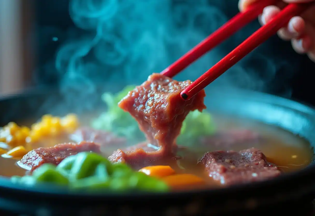 Adding thinly sliced beef to a simmering hotpot broth