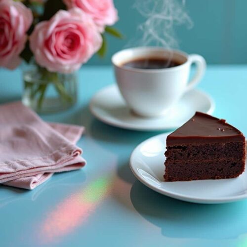 A beautifully presented slice of chocolate cake on a dessert plate, paired with a cup of coffee. The cozy table setting includes a linen napkin and fresh flowers, creating an inviting atmosphere