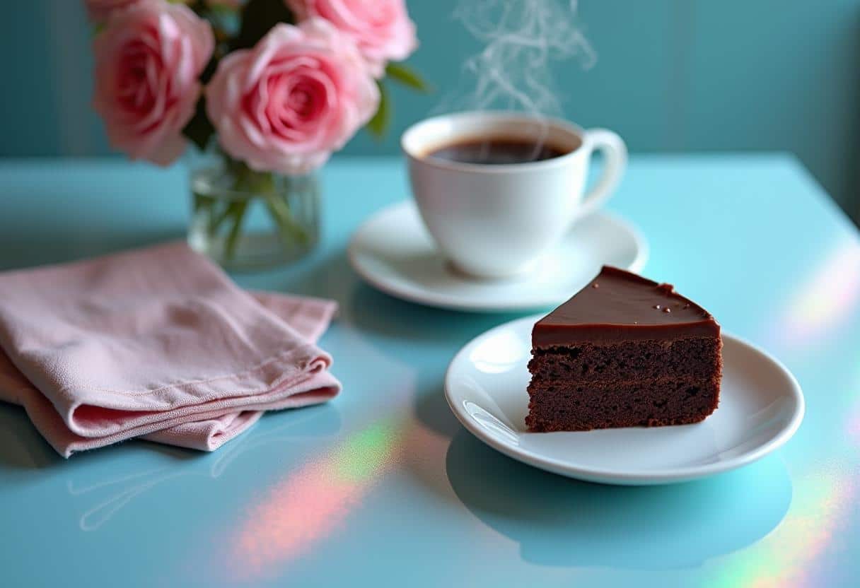 A beautifully presented slice of chocolate cake on a dessert plate, paired with a cup of coffee. The cozy table setting includes a linen napkin and fresh flowers, creating an inviting atmosphere