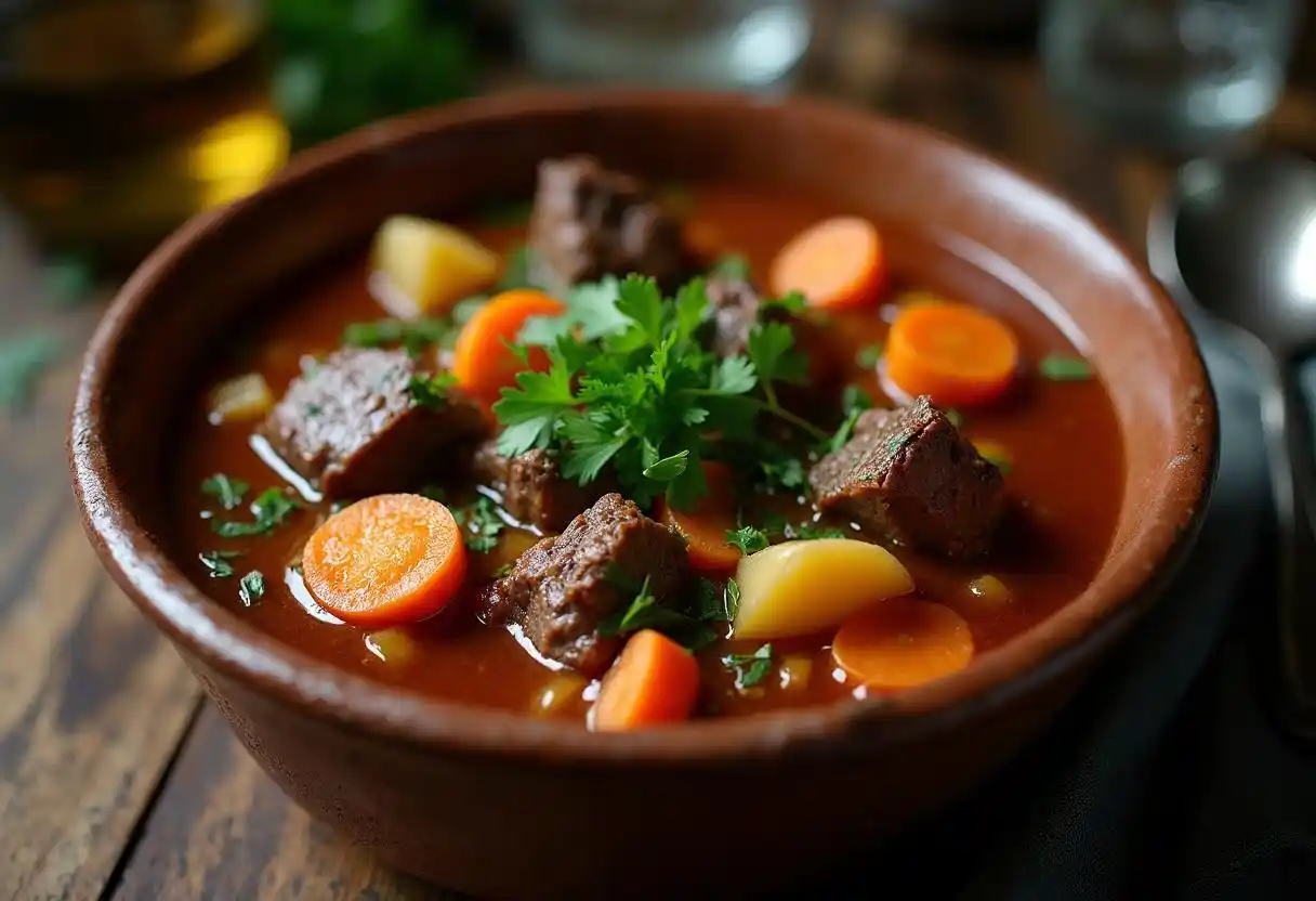 A bowl of traditional Irish stew with lamb, potatoes, and vegetables.