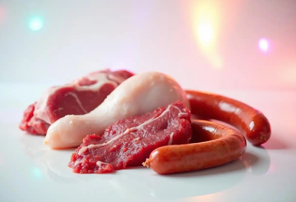 A visual comparison of turkey, chicken, beef and pork in their raw form.