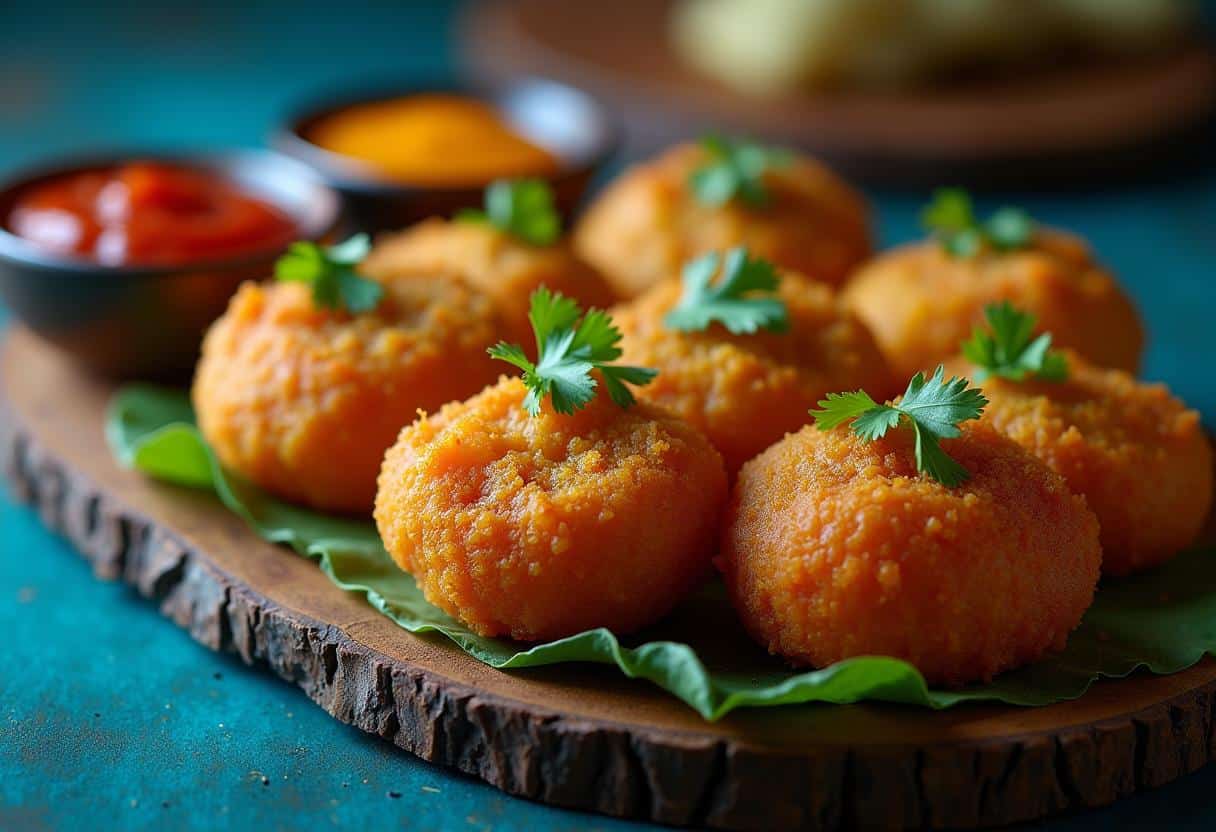 Golden-brown papas rellenas on a wooden platter, served with Salsa Criolla and Aji Amarillo sauce, garnished with cilantro