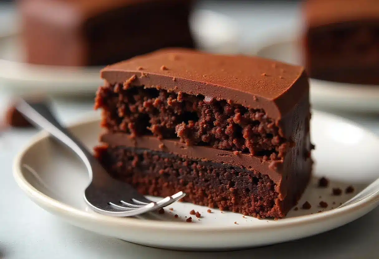 Dry ingredients for chocolate cake being whisked in a large bowl, including flour, sugar, cocoa powder, baking soda, baking powder, and salt