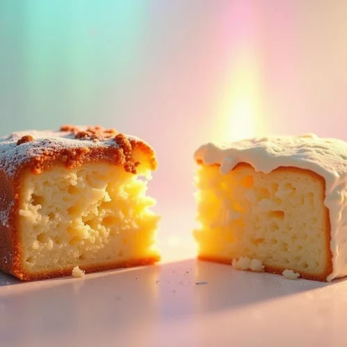 Side-by-side image comparing a dry, crumbly cake slice with a soft, moist cake slice, highlighting the texture difference.