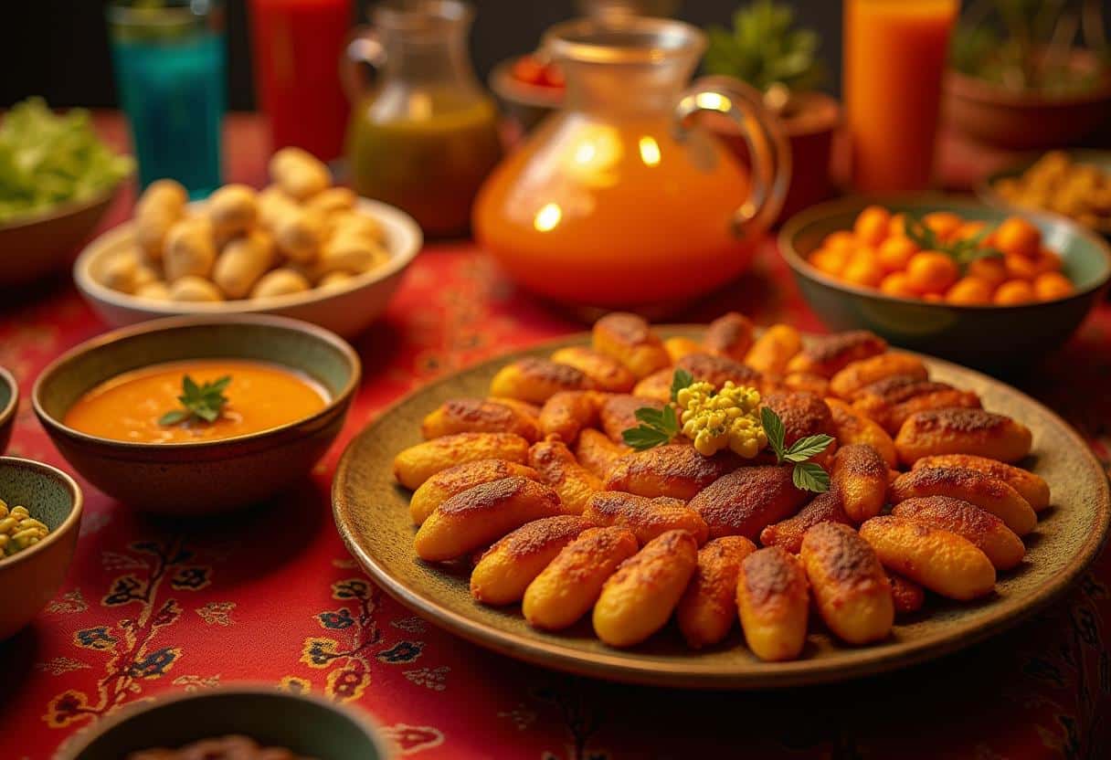 Table setting with papas rellenas, Salsa Criolla, Aji Amarillo sauce, Ensalada de Palta, Solterito Arequipeño, and drinks, on a colorful Peruvian tablecloth