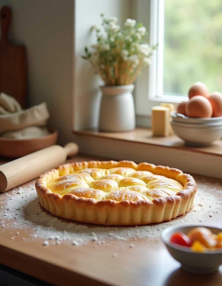 Golden puff pastry tart on a styled kitchen countertop with butter, flour, eggs, and a rolling pin, softly lit by natural light, with a small bowl of fruit filling nearby