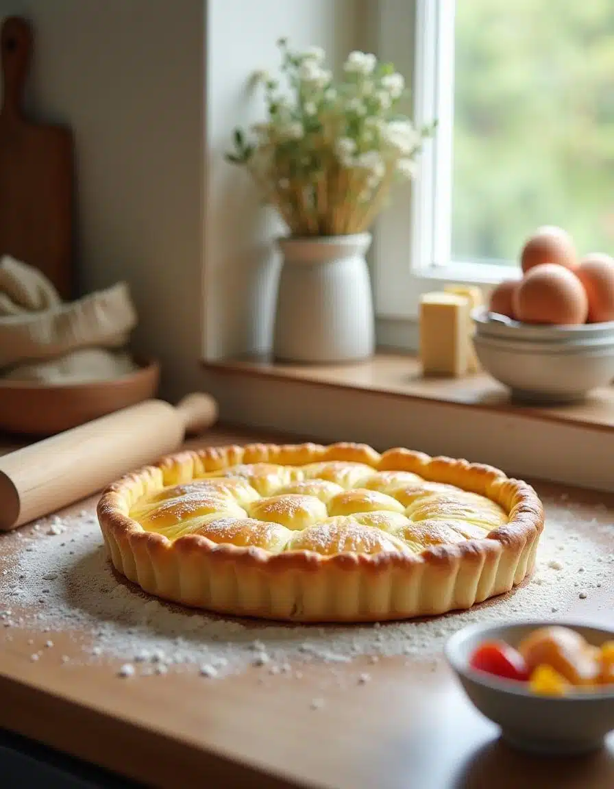 Golden puff pastry tart on a styled kitchen countertop with butter, flour, eggs, and a rolling pin, softly lit by natural light, with a small bowl of fruit filling nearby