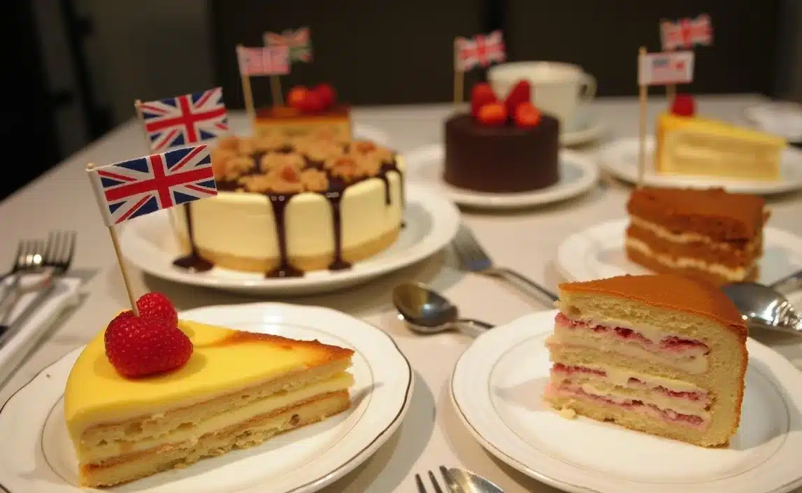 A table featuring slices of iconic cakes like opera cake, tiramisu, matcha roll cake, and Victoria sponge with country flags.
