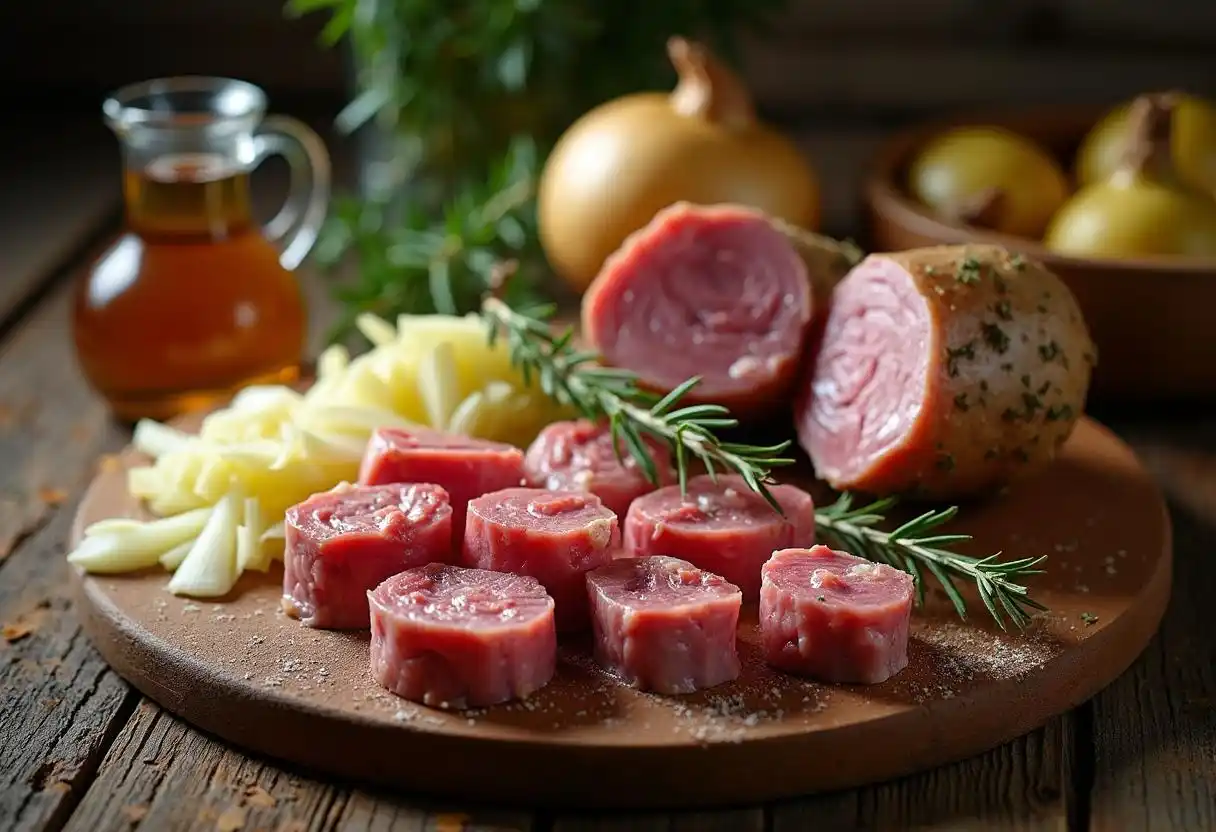 Raw ingredients for Lancashire hotpot, including lamb, potatoes, onions, and stock, displayed on a wooden table