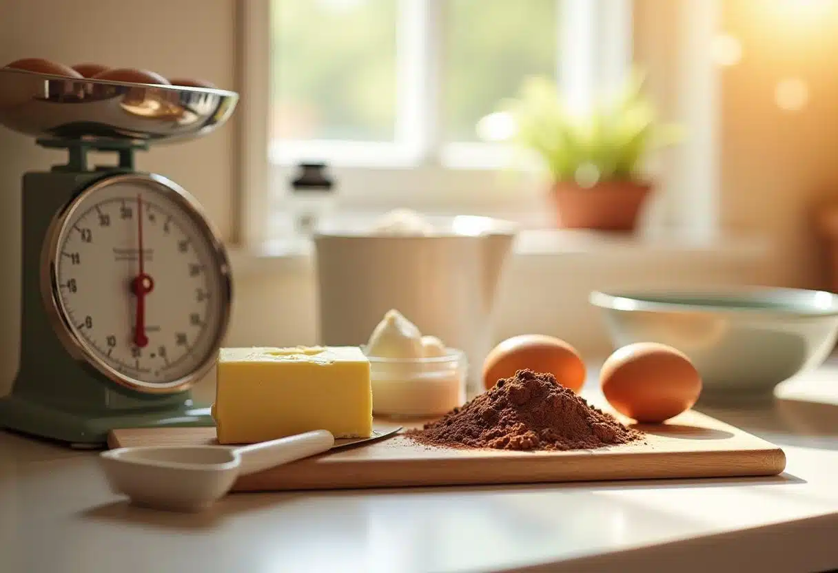 A clean countertop showcasing ingredients for Mary Berry’s chocolate cake, including butter, eggs, cocoa powder, a bowl of sugar, vanilla extract, and a measuring scale. Bright and minimalistic kitchen background.