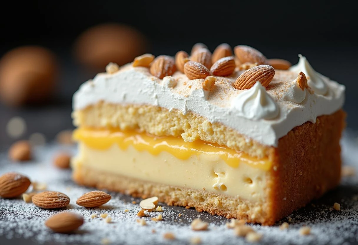 A close-up of a slice of kvæfjordkake showing the layers of meringue, custard, and almonds.