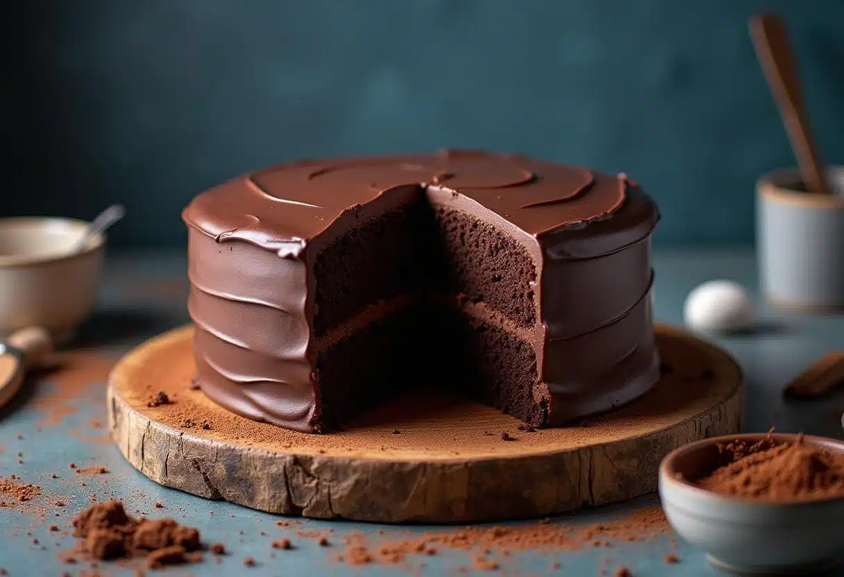 A rich, moist chocolate cake with glossy ganache frosting on a wooden cake stand, surrounded by baking utensils and cocoa powder dusted on the rustic surface. A sliced piece reveals the cake’s soft texture