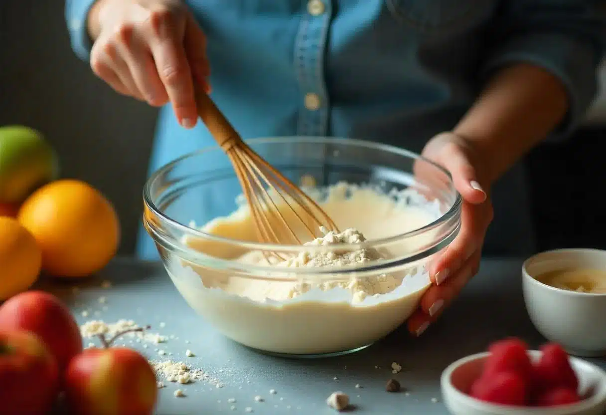 An image showing the process of gently folding dry ingredients into wet ingredients to make cake batter.