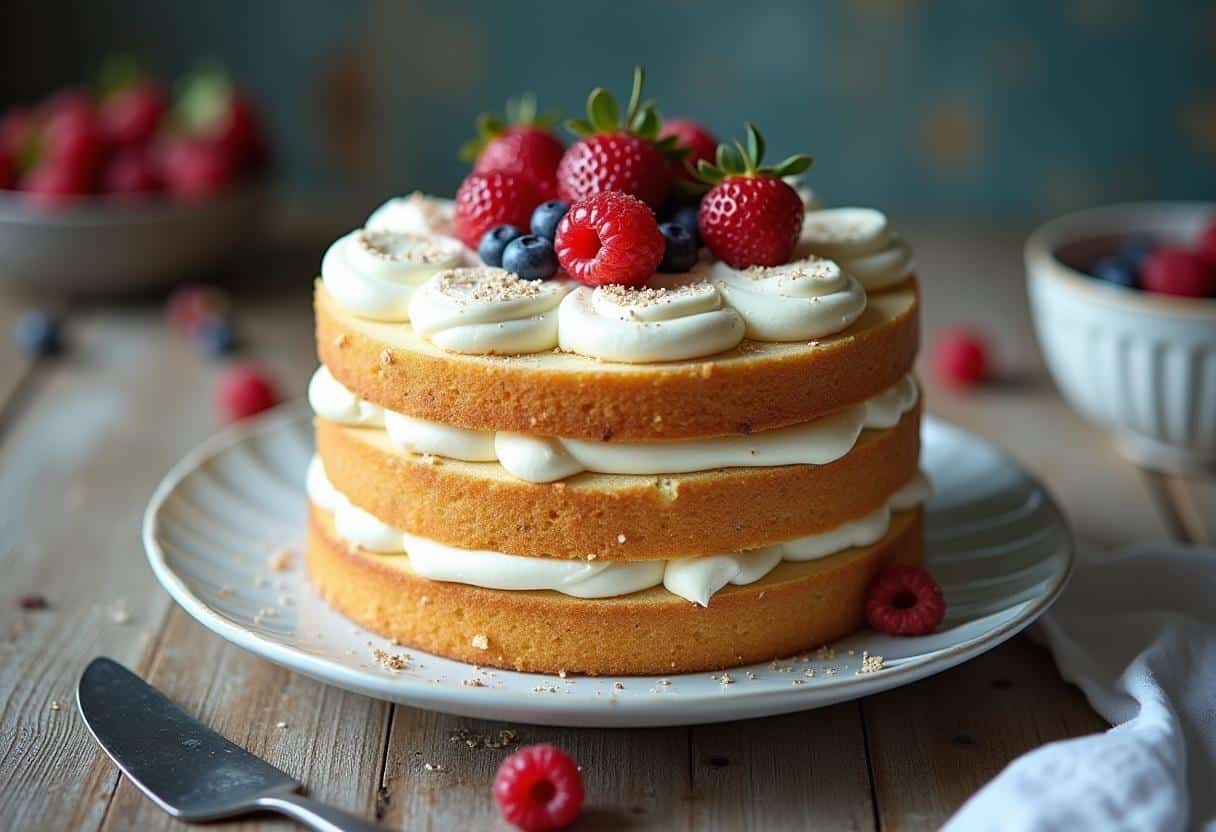 A moist and fluffy vanilla cake with layers of creamy frosting, garnished with fresh berries, placed on a rustic wooden table with a white napkin and a cake server.