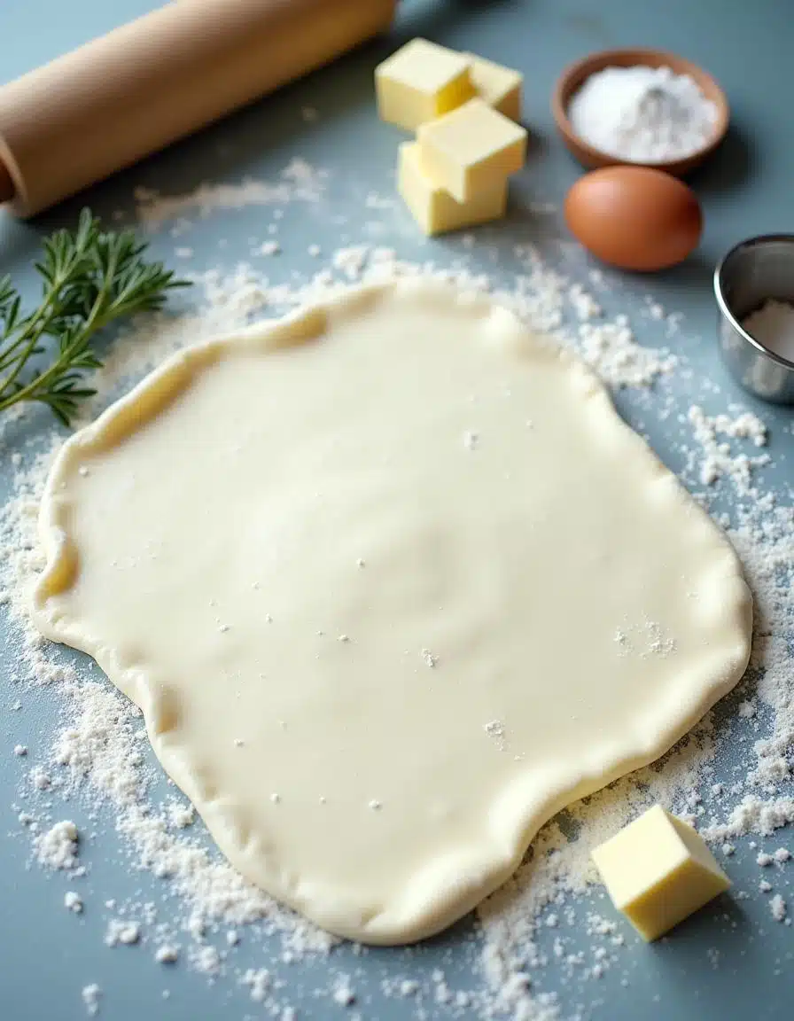 Puff pastry dough rolled out on a floured surface with butter cubes, a rolling pin, and flour in a rustic kitchen.