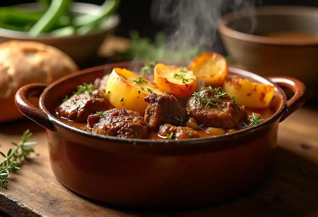Plated serving of lamb hotpot with sides