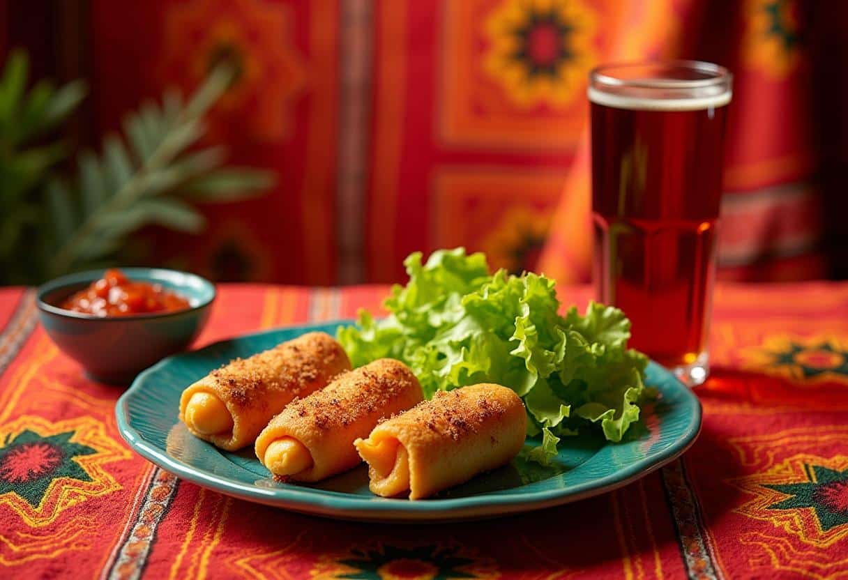 Depict a festive table setting with Papas Rellenas served alongside a green salad, salsa criolla, and a glass of Inca Kola. Add vibrant Peruvian textiles as a backdrop for authenticity.