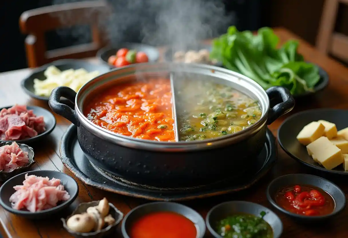 A bubbling pot of Sichuan hotpot surrounded by raw ingredients.