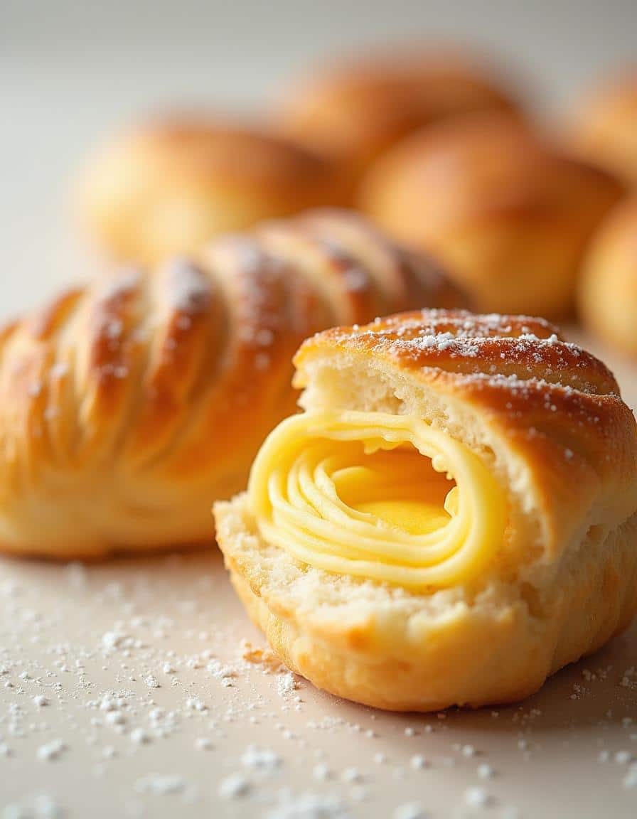Side-by-side cross-section of puff pastry and Danish pastry showing distinct layered textures.