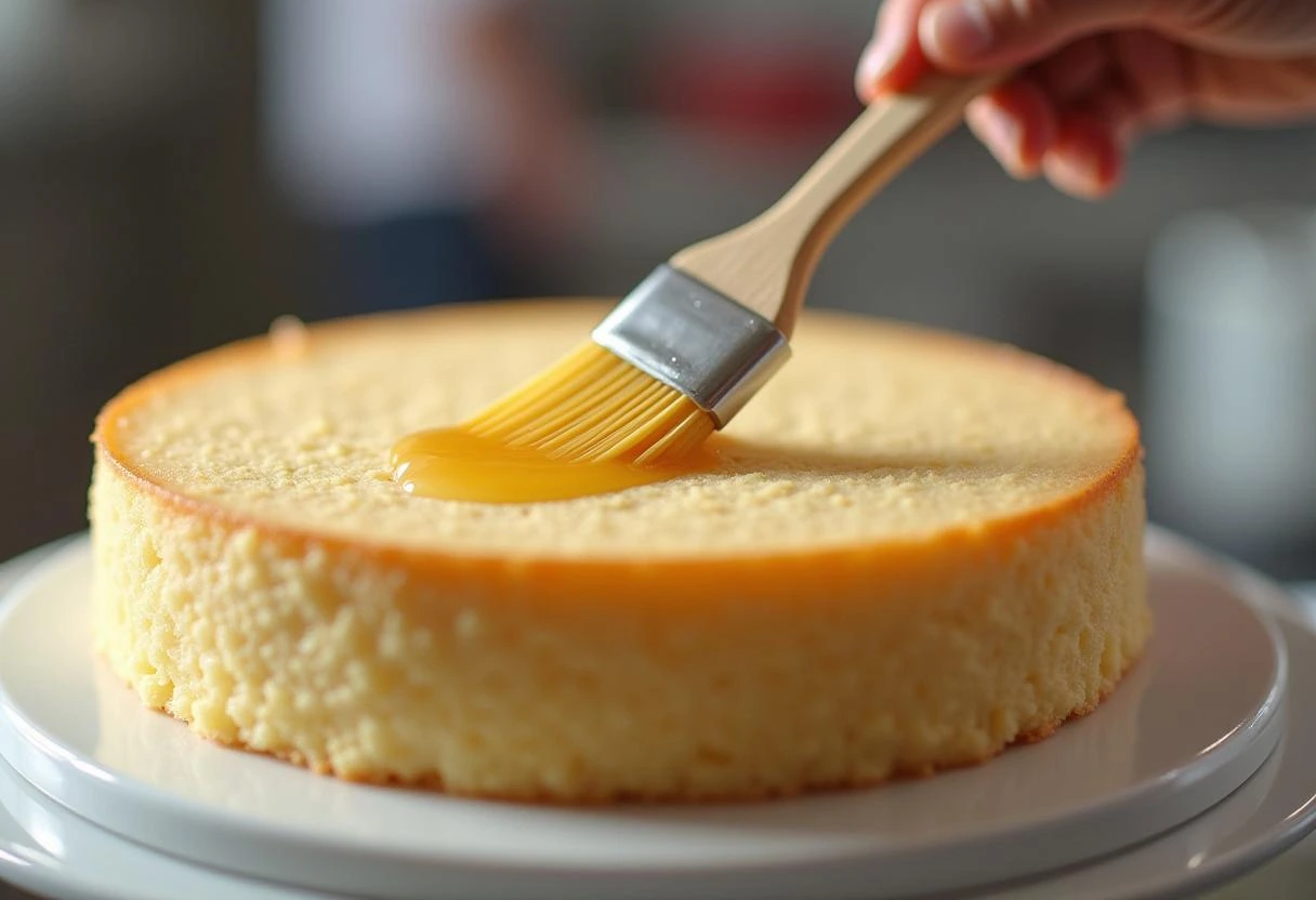 Image of a baker applying simple syrup to a freshly baked sponge cake. Technique for added moisture in cake baking.