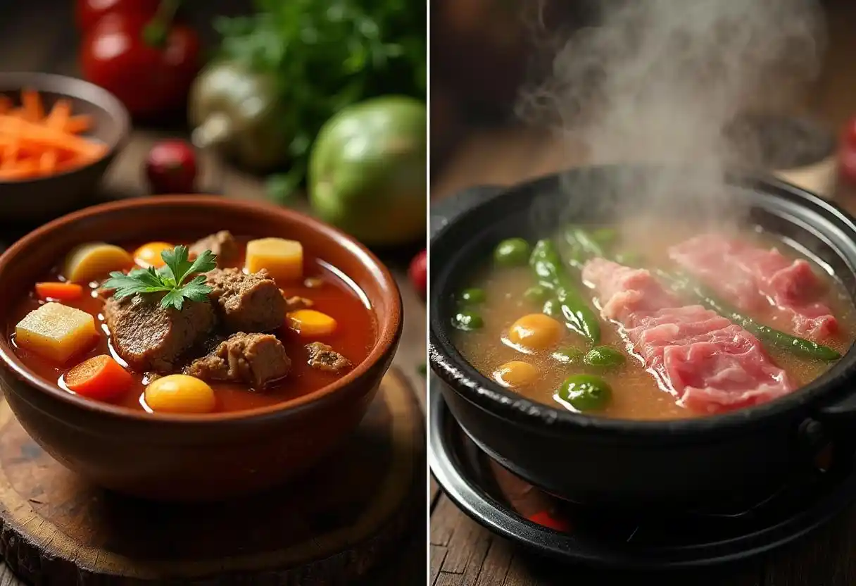 A side-by-side comparison of stew and hotpot dishes.