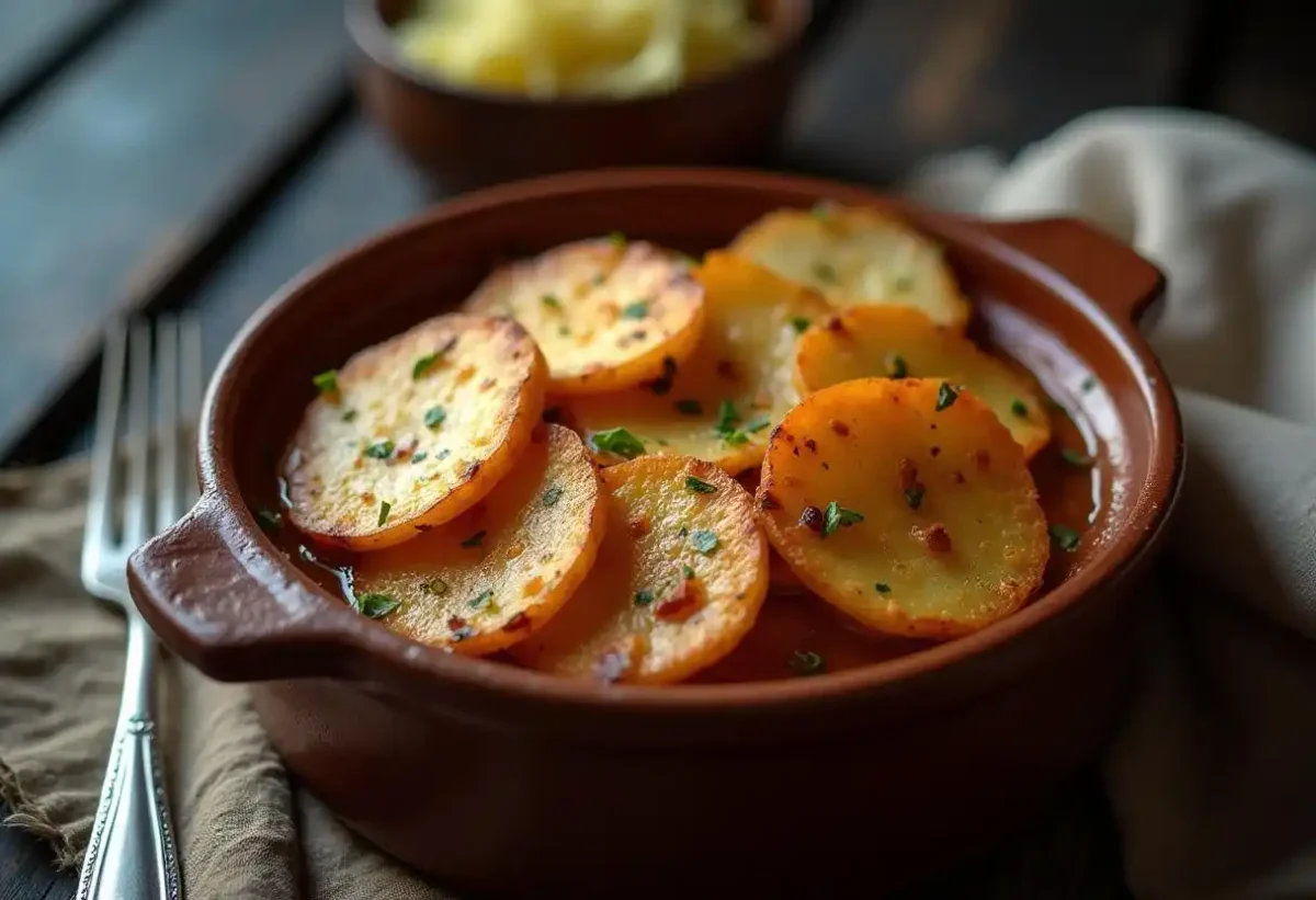 A traditional Lancashire hotpot served in a rustic ceramic dish with golden potato slices on top.