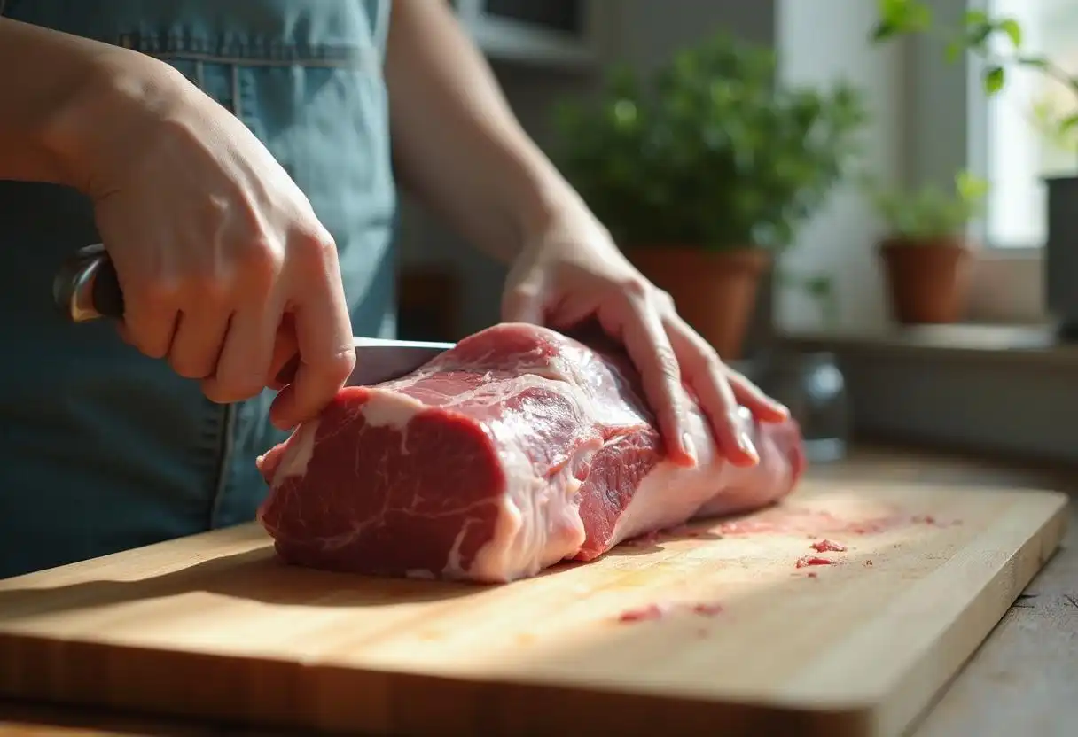 Trimming fat off a lamb shoulder