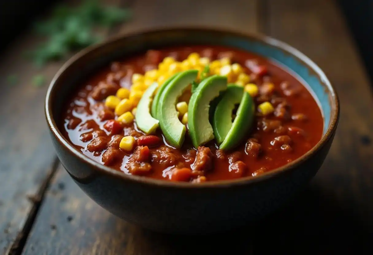 A bowl of turkey mince chili with toppings.