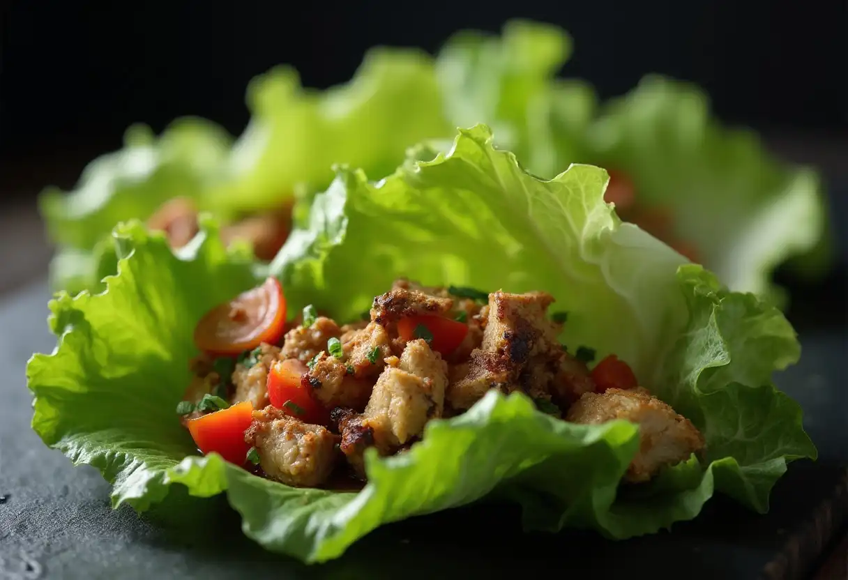 Fresh turkey mince lettuce wraps on a wooden board.