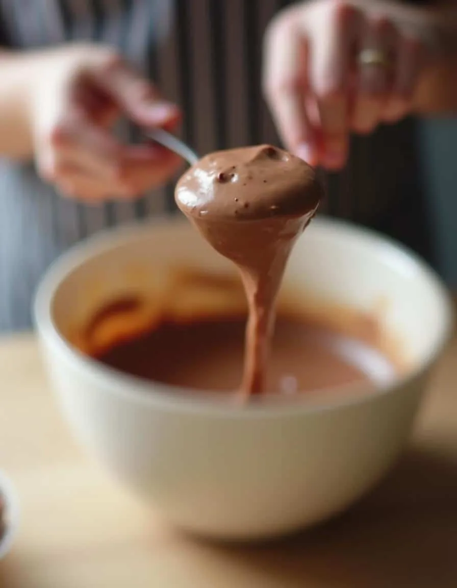 A close-up of a baker’s hand swirling Nutella into muffin batter, creating beautiful marbled patterns for delicious baked treats."