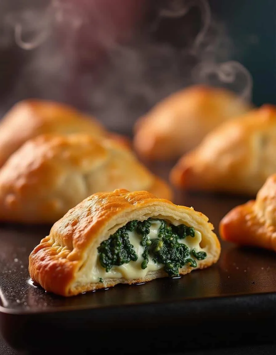 Freshly baked puff pastry turnovers filled with spinach and cheese on a baking sheet.