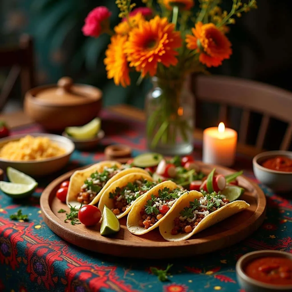 A festive table setup with a platter of soft and hard tacos served family-style, garnished with lime wedges, radishes, and bowls of salsa on a colorful Mexican tablecloth with candles and fresh flowers