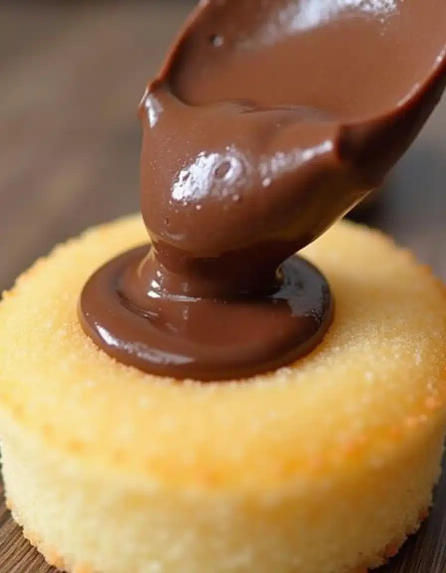 A spoon pours glossy chocolate ganache into the center of a small, round, pale yellow cake.