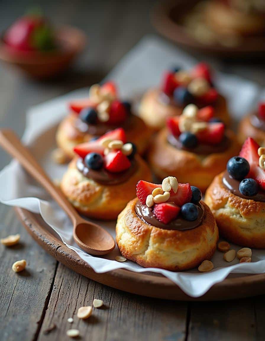 A platter of Nutella pastry puffs, some with added fruit and nuts, styled on a rustic kitchen table.