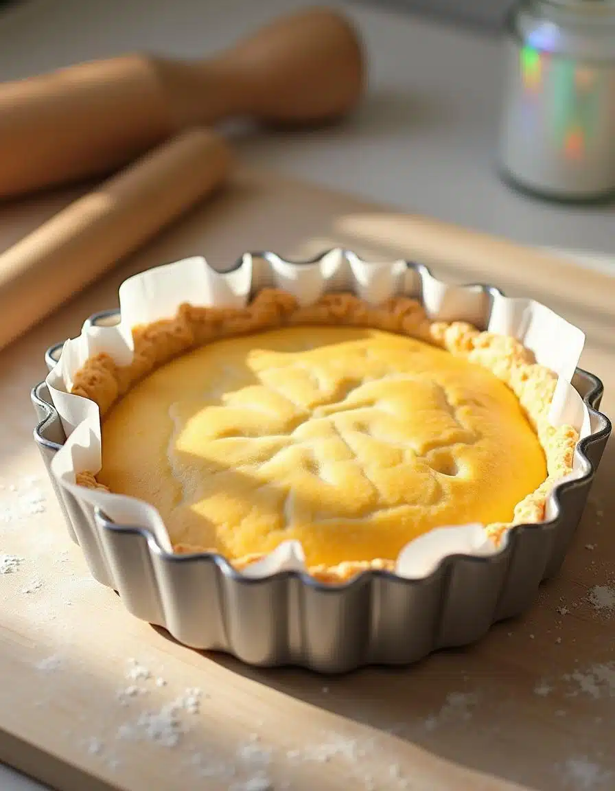 Blind baking puff pastry shell lined with parchment paper and pie weights in a ceramic tart pan.