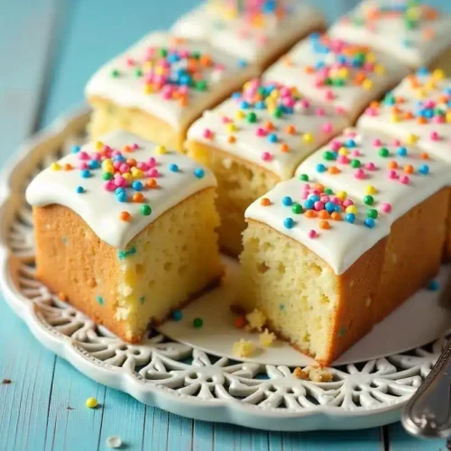 Overhead view of a freshly baked school cake, cut into squares, with white icing and sprinkles, on a rustic wooden table