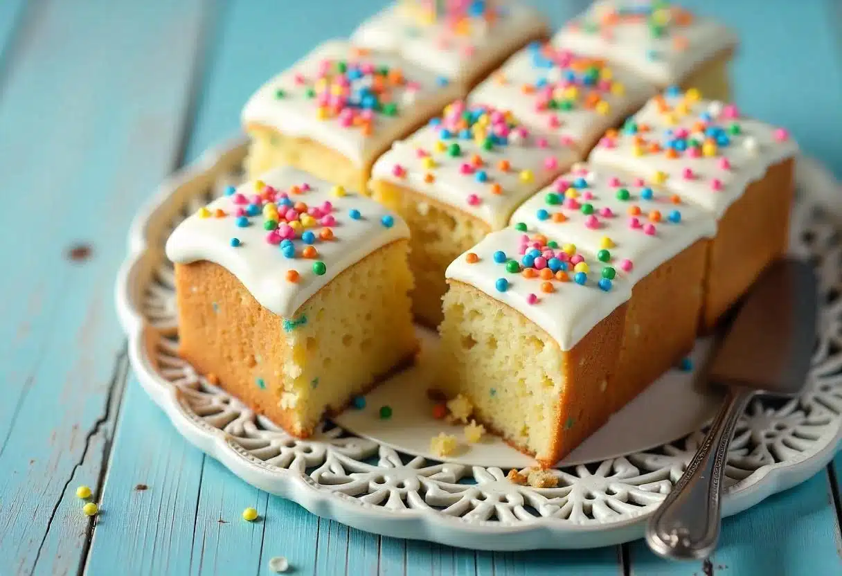 Overhead view of a freshly baked school cake, cut into squares, with white icing and sprinkles, on a rustic wooden table