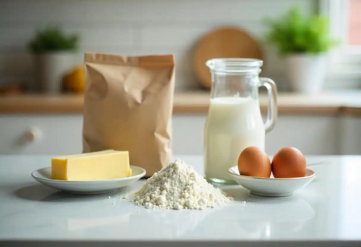 The main ingredients for a school cake recipe, including butter, sugar, eggs, flour, and milk, on a clean countertop.