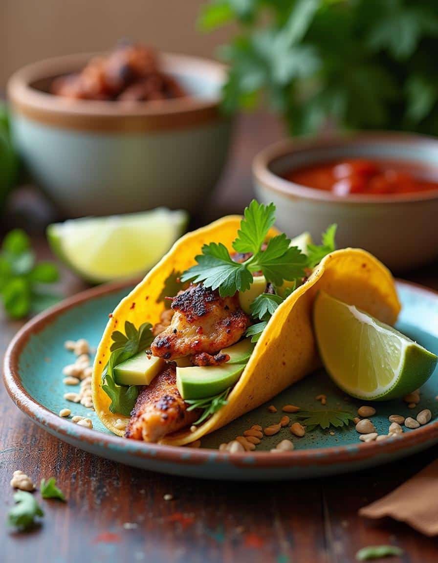 Colorful taco platter showcasing vegetarian, vegan, and gluten-free soft tacos, served with guacamole, salsa, and chips on a festive table.