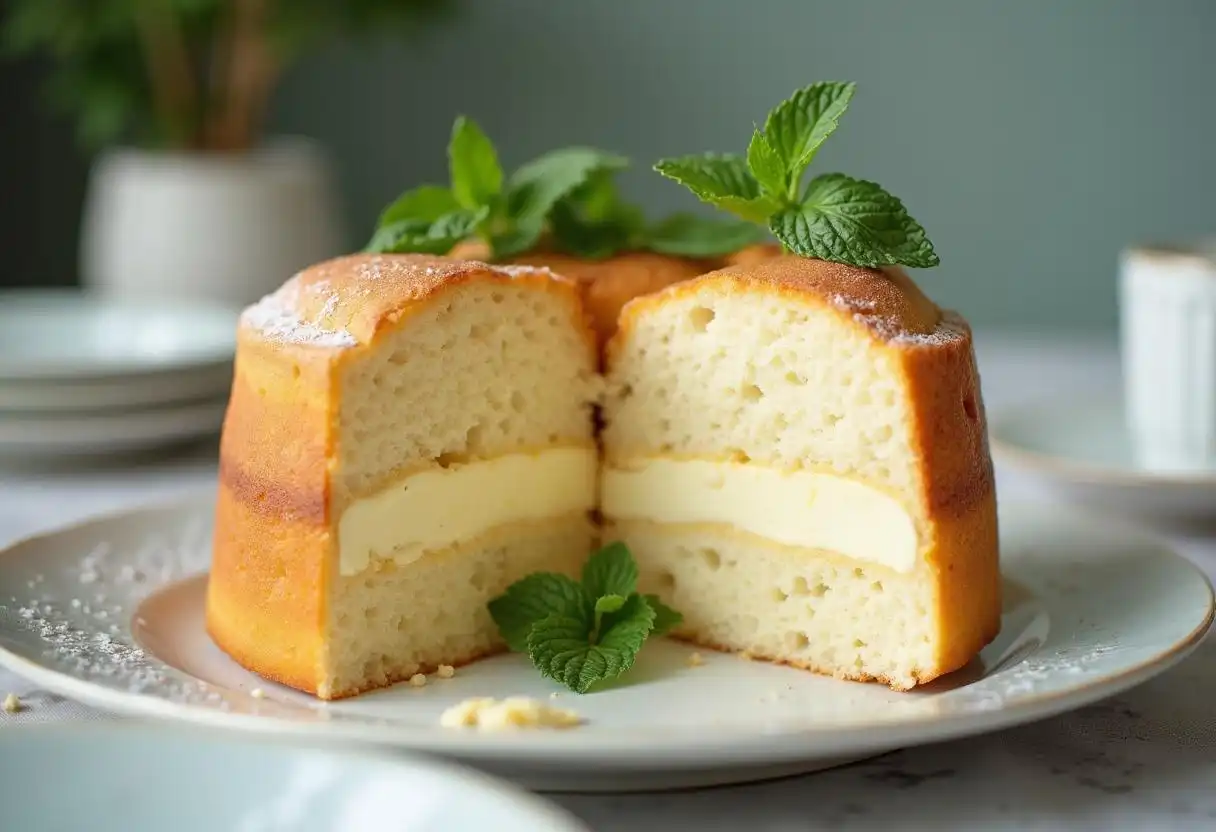 Creamy cake with a slice cut out