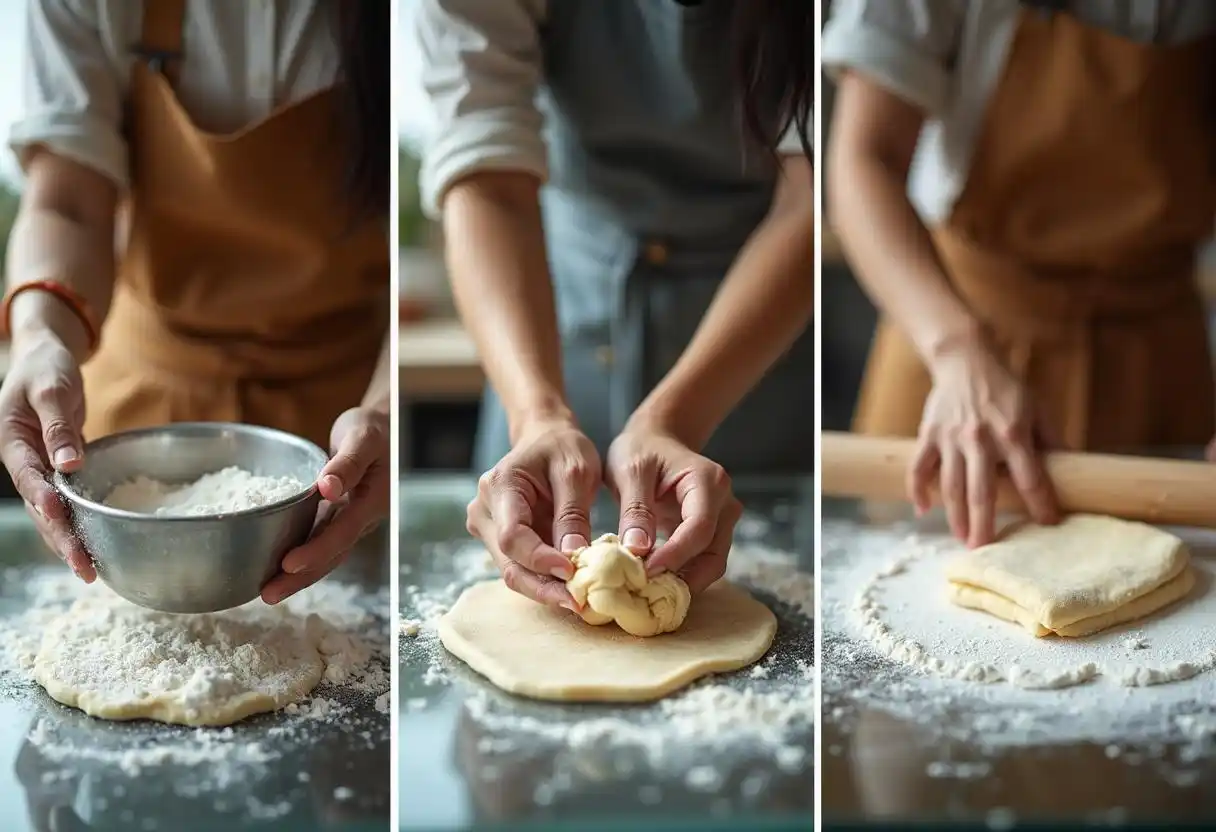 Step-by-step process of laminating croissant dough