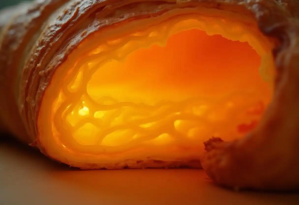 Interior of a croissant showing flaky layers