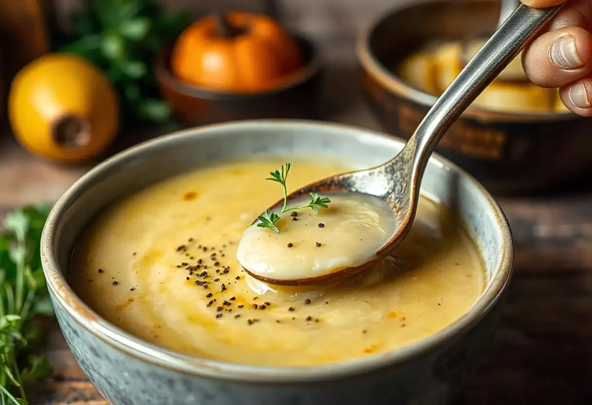 Creamy leek and potato soup with fresh herbs.